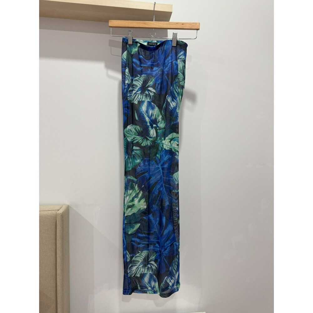 NWT Karen Millen Womens XS Blue Palm Print Beach Elastic Waist Maxi Skirt Retro